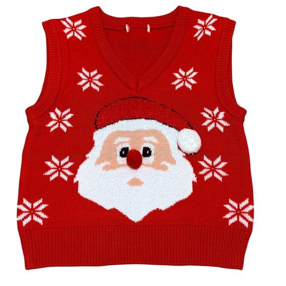 Festive Santa Claus Christmas Sweater Vest 3D Pom Pom Nose Red Knit Holiday Jr S - Picture 1 of 6